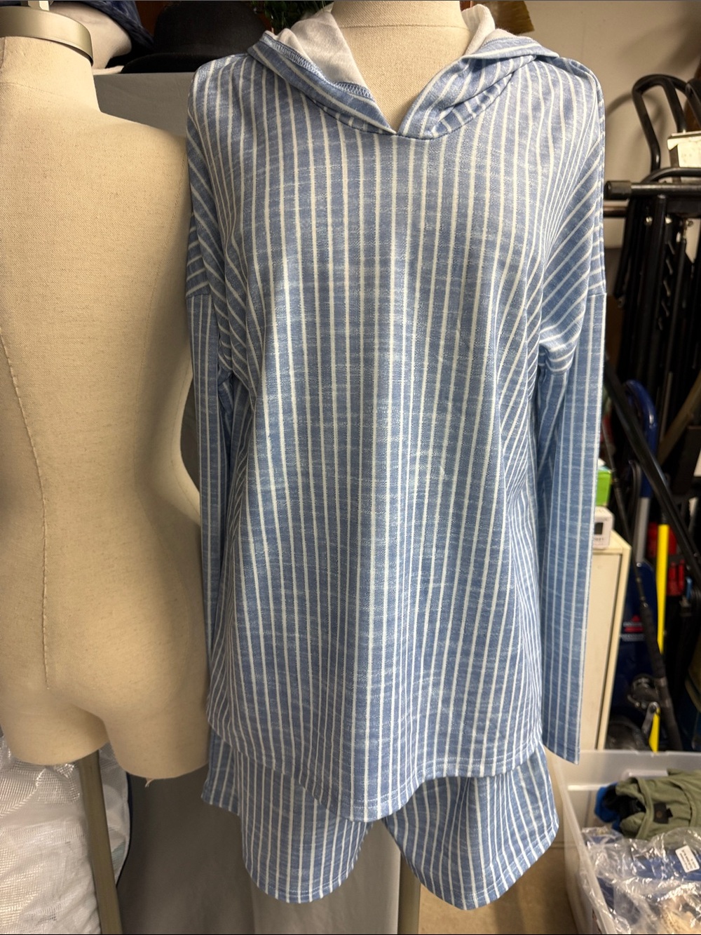 Light Blue Striped Hooded Long-Sleeve Shirt and short set